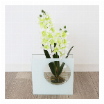 モダンテイスト　ガラス花瓶 グラスアート ホワイト&ライトグリーン（造花付き）