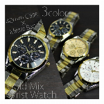 ブラックとホワイトの文字盤にブルー シンプル3針フェイククロノグラフ メタルベル..