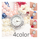ラインストーンとパール調ビーズの2連バンド 華やかブレスレットウォッチ レディース腕時計 SPST009