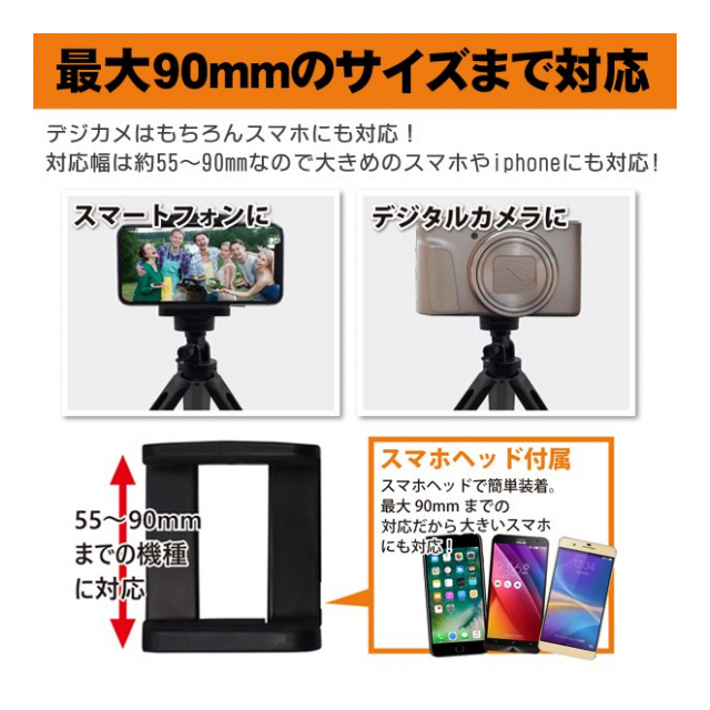 三脚 スマホ Iphone デジカメ 折りたたみ三脚 軽量 縦向き 横向き 撮影 55mm 90mm幅 スマホホルダー 付 折りたたみ三脚式 2way デジカメ スマホ用三脚 バッグ 入る スマホスタンド 自撮り インスタ アウトドア 旅行 撮影用品 アイフォン 高さ調整可能 三脚hrn 509