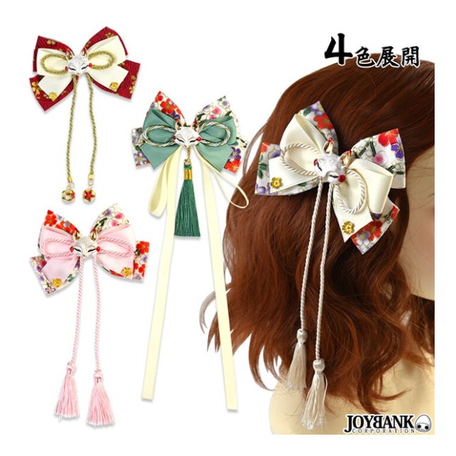 おきつねさま 紐飾りヘアクリップ【和風/リボン/狐/鈴/かわいい