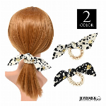 モノトーンリボン　ヘアゴム【ヘアアクセサリー/シュシュ/パール】